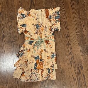 Ulla Johnson Floral Ruffle Mini Dress - Cream and Blue
